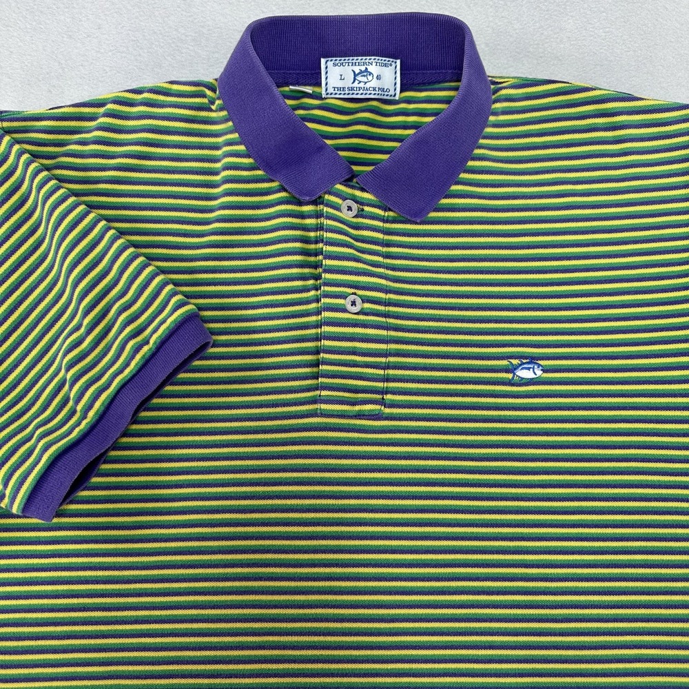 Southern Tide Skipjack Polo Shirt Mens Large Green Purple Stripe Golf Stretch